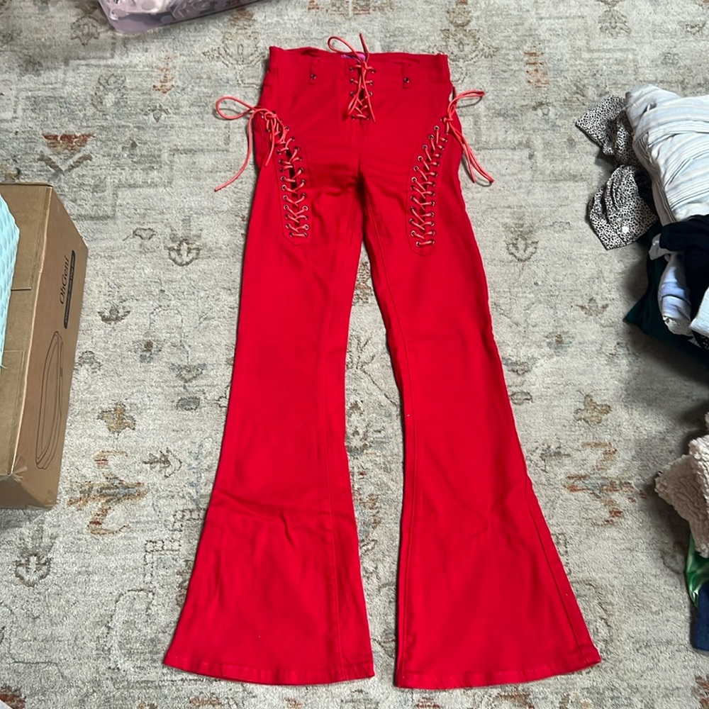 Edikted red jeans with tie up detailing, flare